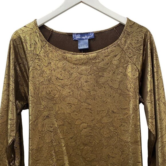 SUSAN GRAVER Womens Top Medium Gold Metallic Stretch Tunic 3/4 Sleeve w/ Belt - Picture 4 of 10